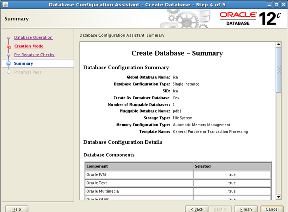 oracle database creation summary
